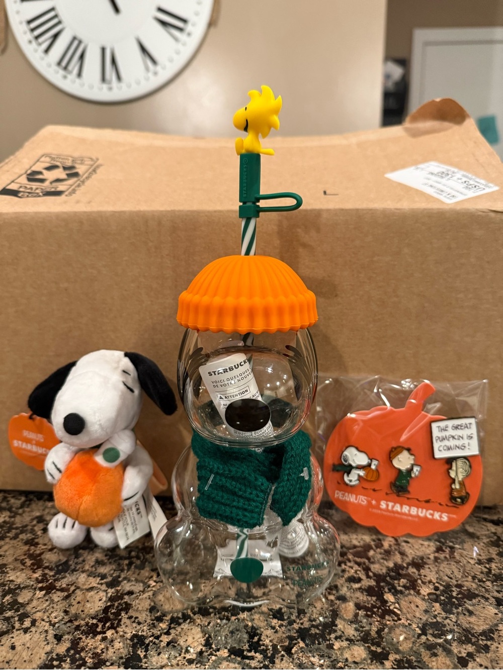 Starbucks Peanuts Glass Tumbler with Straw, Snoopy Plush Bag Charm & Pins